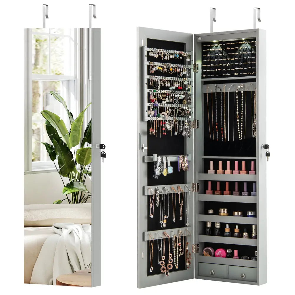 Wall and Door Mounted Mirrored Jewelry Cabinet with Lights-Gray - Gray - Jewelry Armoires
