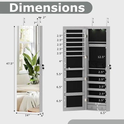 Wall and Door Mounted Mirrored Jewelry Cabinet with Lights-Gray - Gray - Jewelry Armoires