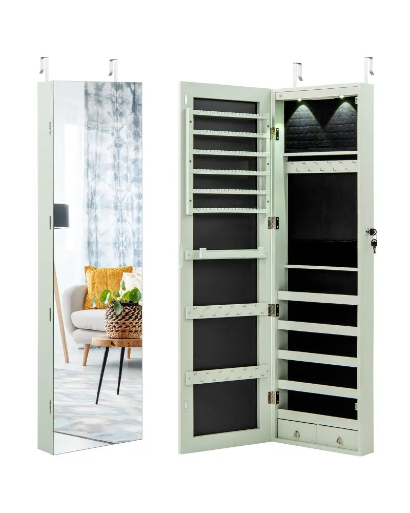 Wall and Door Mounted Mirrored Jewelry Cabinet with Lights-Green - Green - Jewelry Armoires
