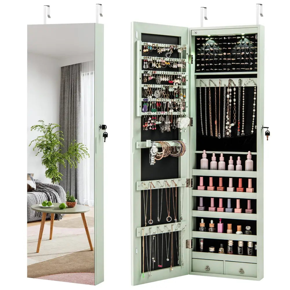 Wall and Door Mounted Mirrored Jewelry Cabinet with Lights-Green - Green - Jewelry Armoires