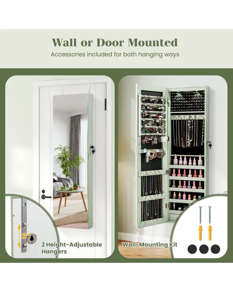 Wall and Door Mounted Mirrored Jewelry Cabinet with Lights-Green - Green - Jewelry Armoires