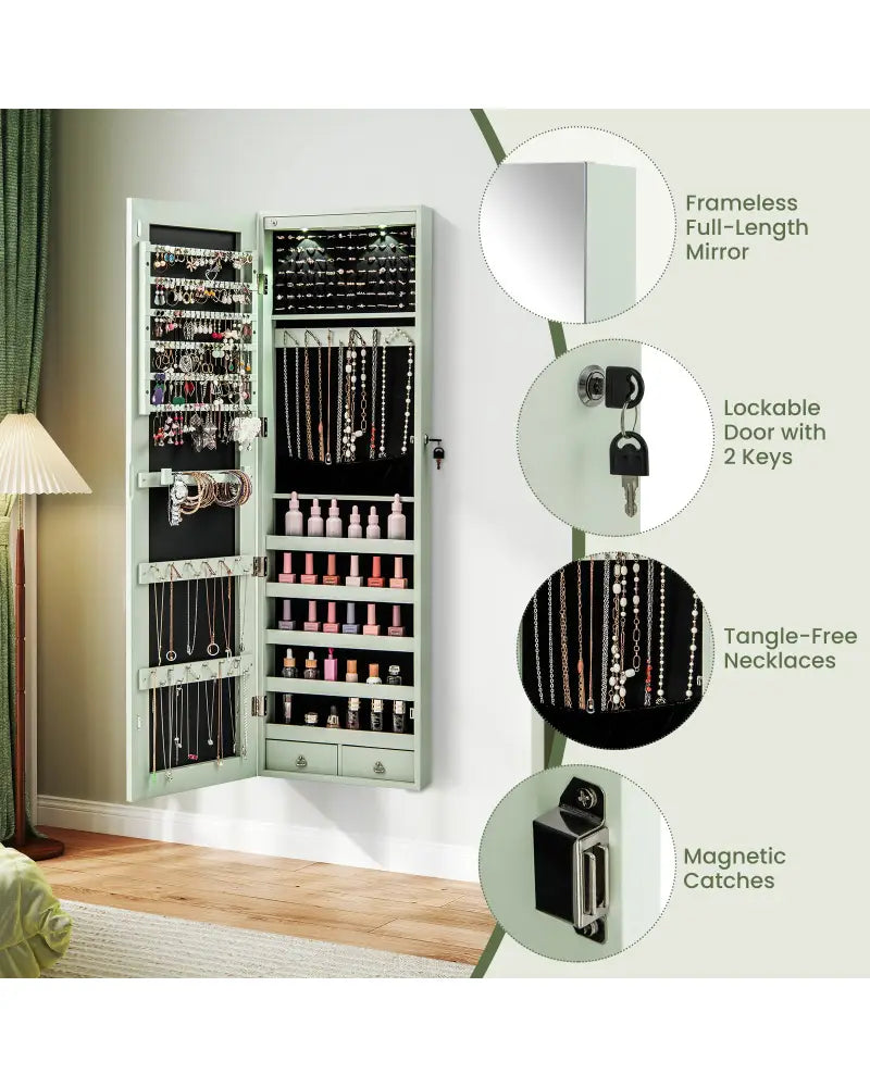 Wall and Door Mounted Mirrored Jewelry Cabinet with Lights-Green - Green - Jewelry Armoires