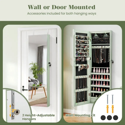 Wall and Door Mounted Mirrored Jewelry Cabinet with Lights-Green - Green - Jewelry Armoires