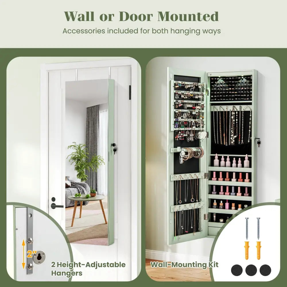 Wall and Door Mounted Mirrored Jewelry Cabinet with Lights-Green - Green - Jewelry Armoires