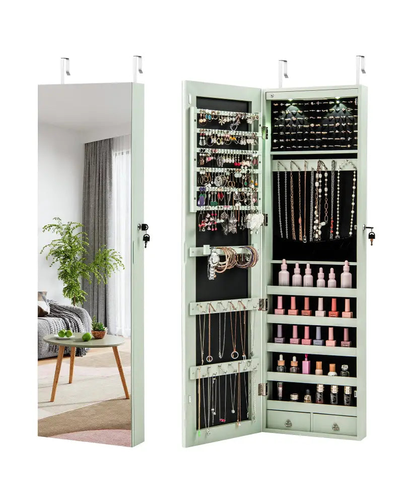 Wall and Door Mounted Mirrored Jewelry Cabinet with Lights-Green - Green - Jewelry Armoires
