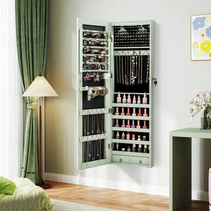 Wall and Door Mounted Mirrored Jewelry Cabinet with Lights-Green - Green - Jewelry Armoires