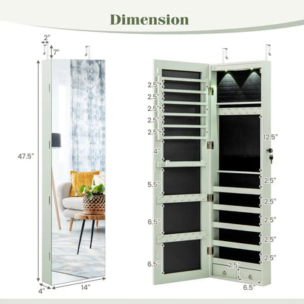 Wall and Door Mounted Mirrored Jewelry Cabinet with Lights-Green - Green - Jewelry Armoires