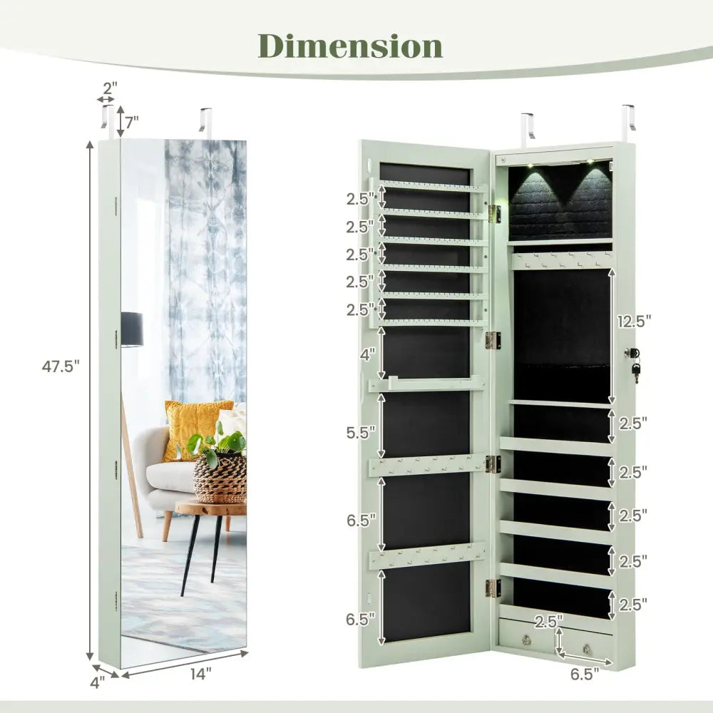 Wall and Door Mounted Mirrored Jewelry Cabinet with Lights-Green - Green - Jewelry Armoires