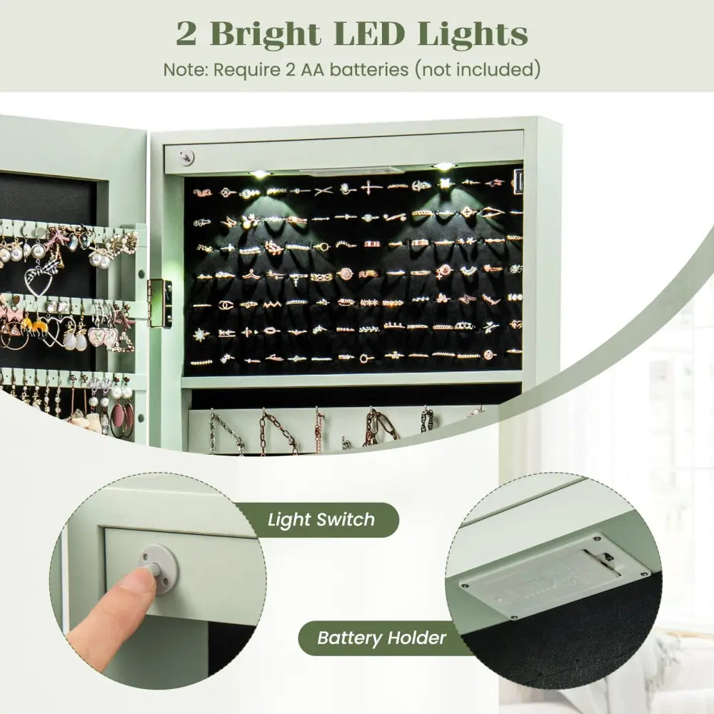 Wall and Door Mounted Mirrored Jewelry Cabinet with Lights-Green - Green - Jewelry Armoires