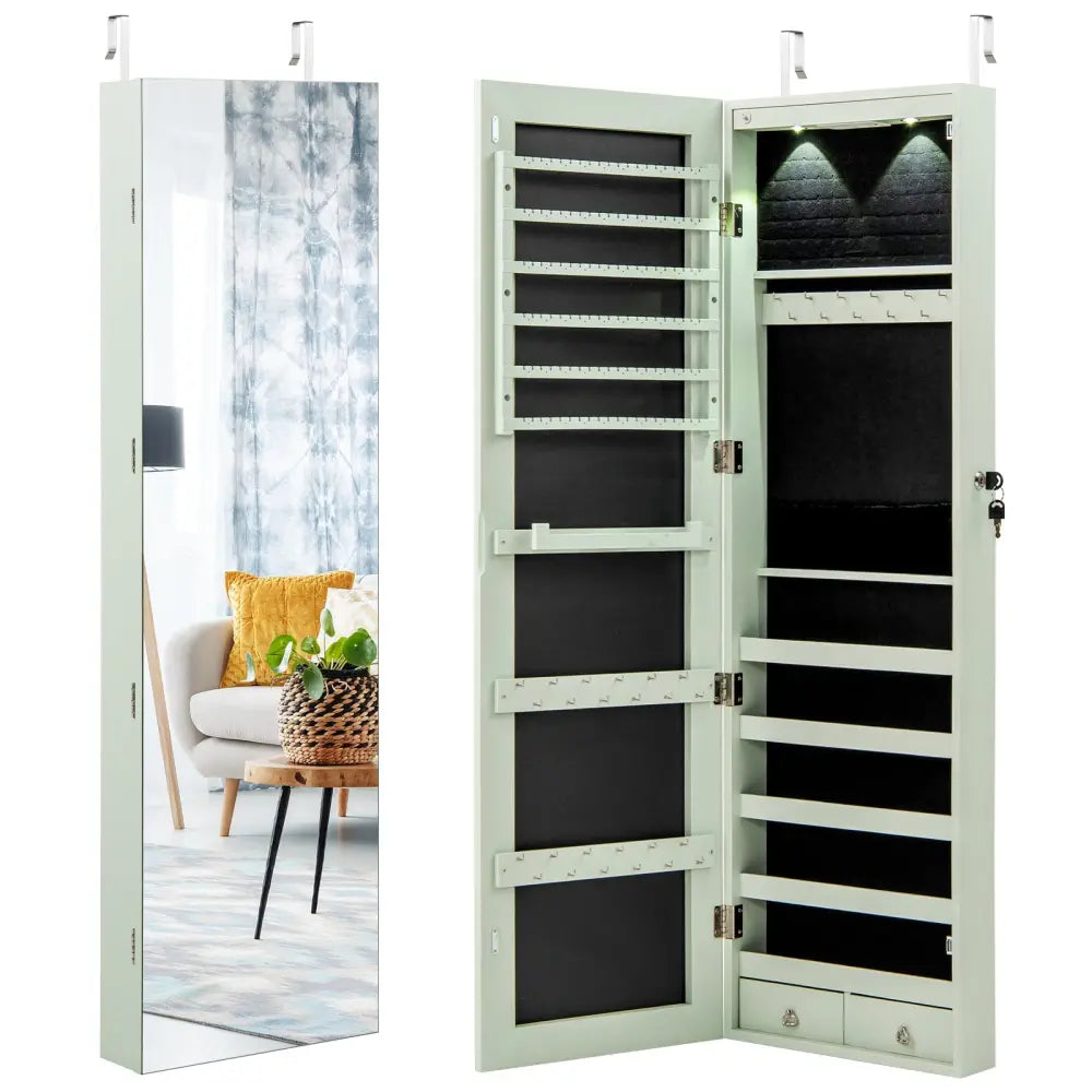 Wall and Door Mounted Mirrored Jewelry Cabinet with Lights-Green - Green - Jewelry Armoires