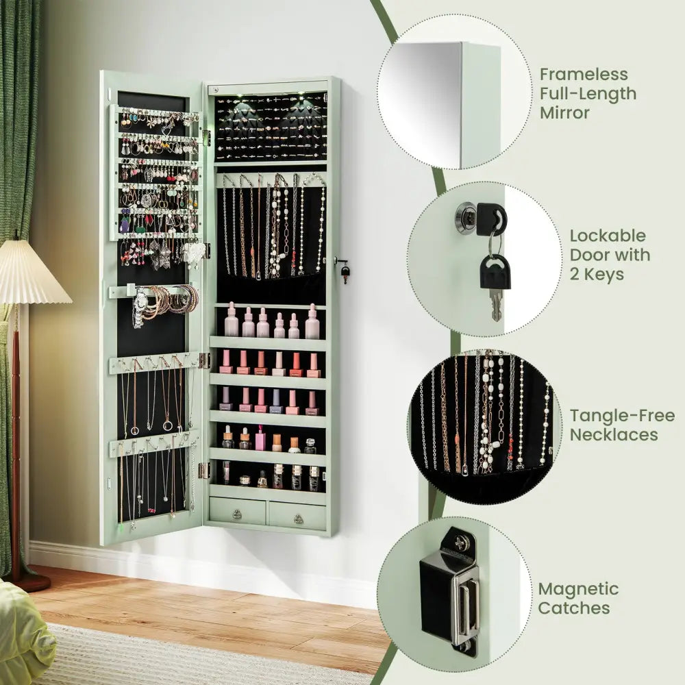 Wall and Door Mounted Mirrored Jewelry Cabinet with Lights-Green - Green - Jewelry Armoires