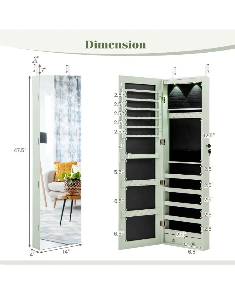 Wall and Door Mounted Mirrored Jewelry Cabinet with Lights-Green - Green - Jewelry Armoires