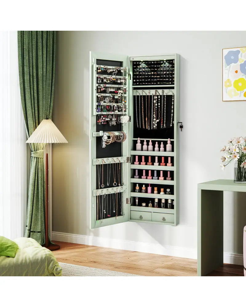 Wall and Door Mounted Mirrored Jewelry Cabinet with Lights-Green - Green - Jewelry Armoires