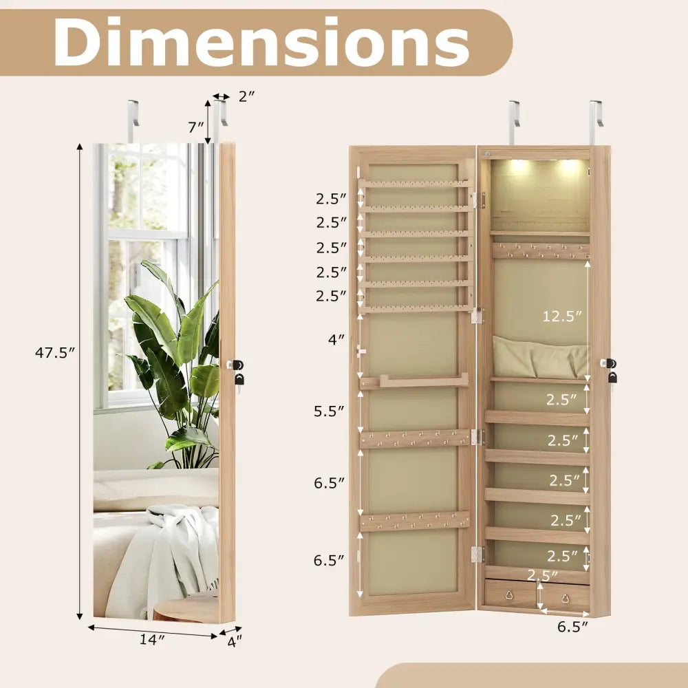 Wall and Door Mounted Mirrored Jewelry Cabinet with Lights-Natural - Natural - Jewelry Armoires