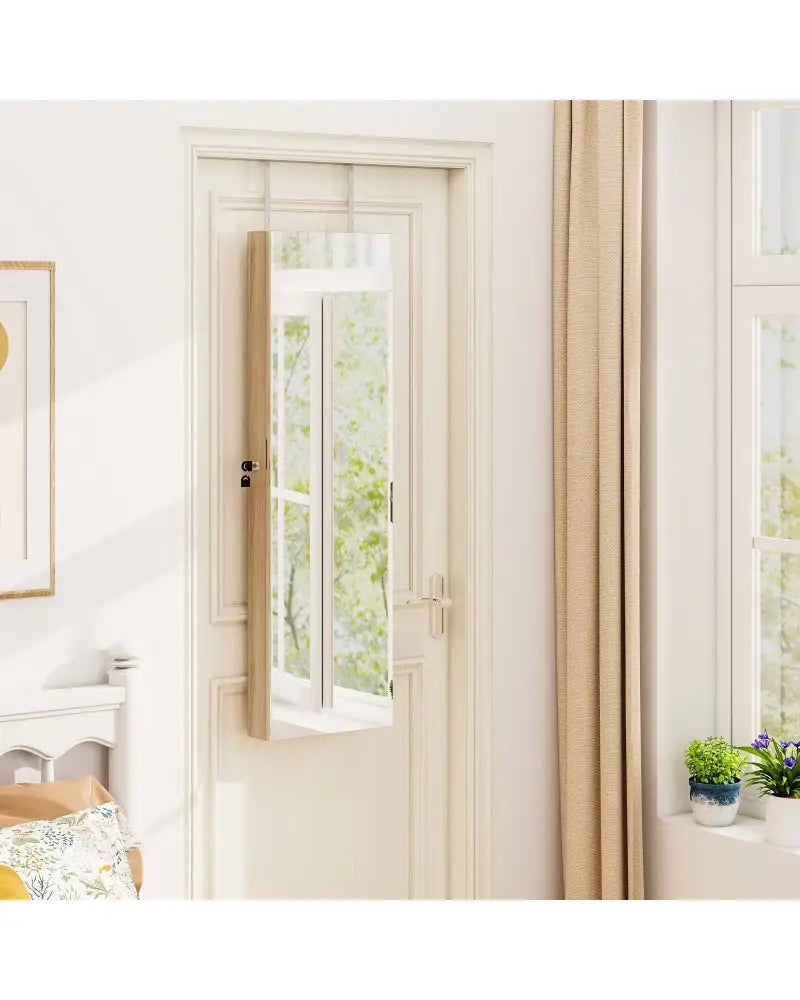 Wall and Door Mounted Mirrored Jewelry Cabinet with Lights-Natural - Natural - Jewelry Armoires