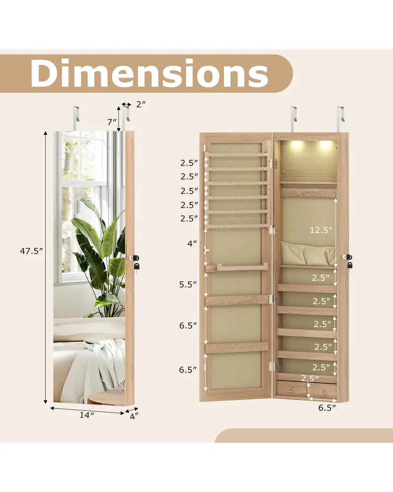 Wall and Door Mounted Mirrored Jewelry Cabinet with Lights-Natural - Natural - Jewelry Armoires