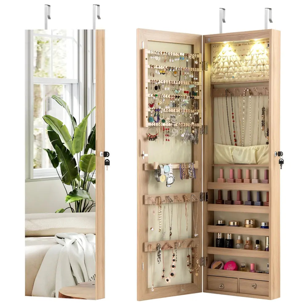 Wall and Door Mounted Mirrored Jewelry Cabinet with Lights-Natural - Natural - Jewelry Armoires