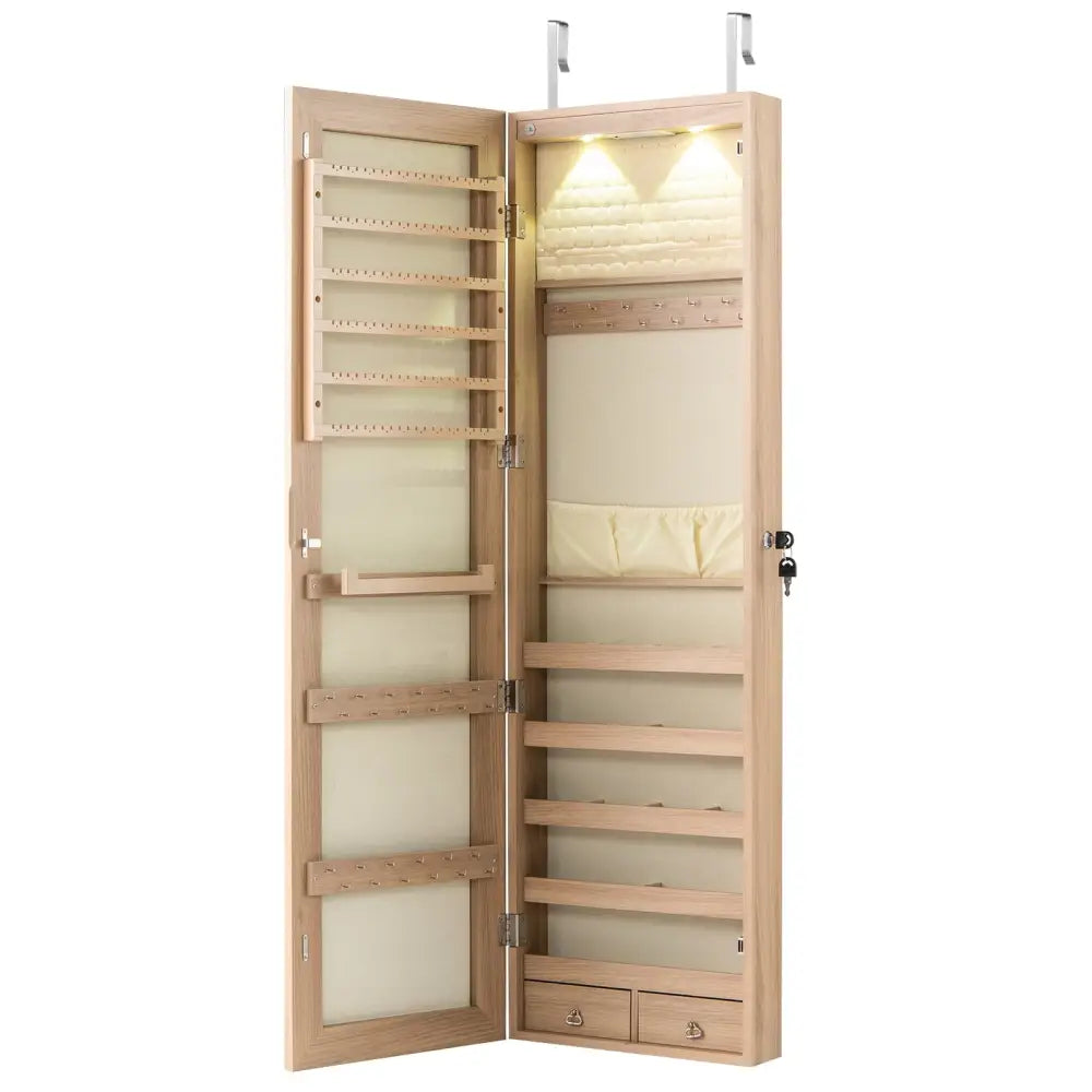 Wall and Door Mounted Mirrored Jewelry Cabinet with Lights-Natural - Natural - Jewelry Armoires