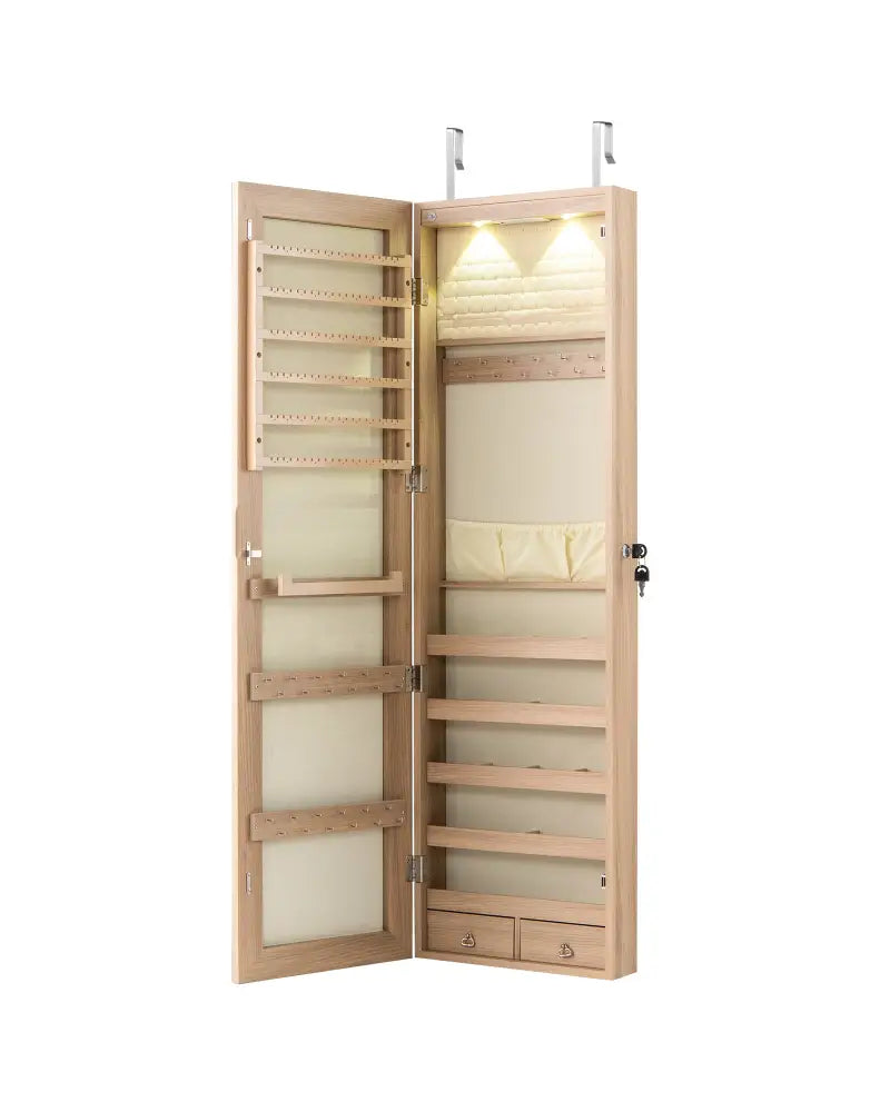 Wall and Door Mounted Mirrored Jewelry Cabinet with Lights-Natural - Natural - Jewelry Armoires
