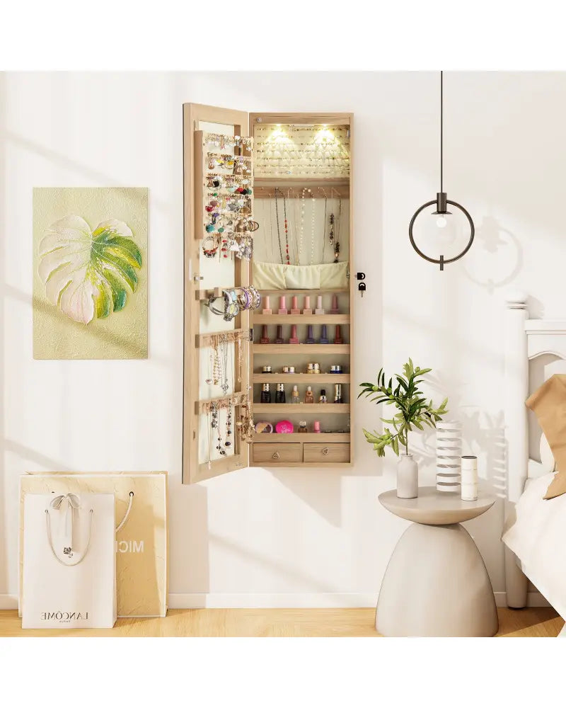 Wall and Door Mounted Mirrored Jewelry Cabinet with Lights-Natural - Natural - Jewelry Armoires
