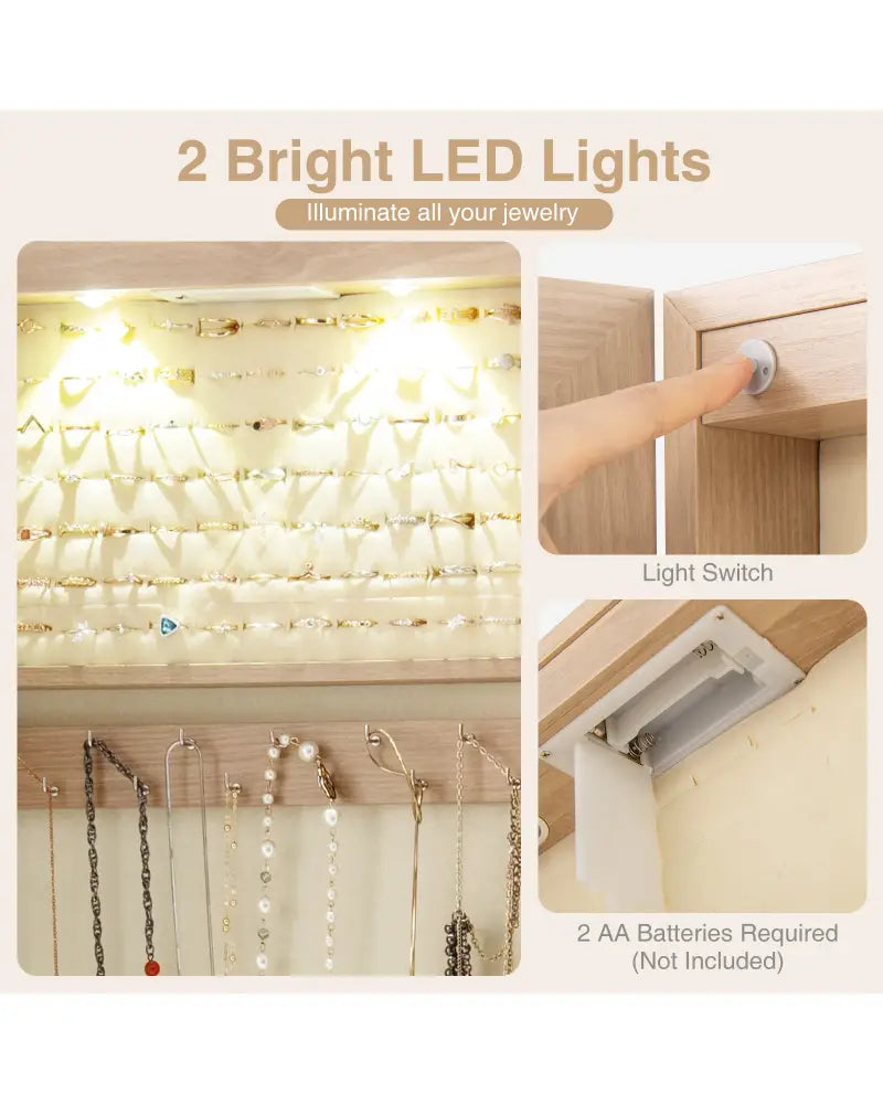 Wall and Door Mounted Mirrored Jewelry Cabinet with Lights-Natural - Natural - Jewelry Armoires
