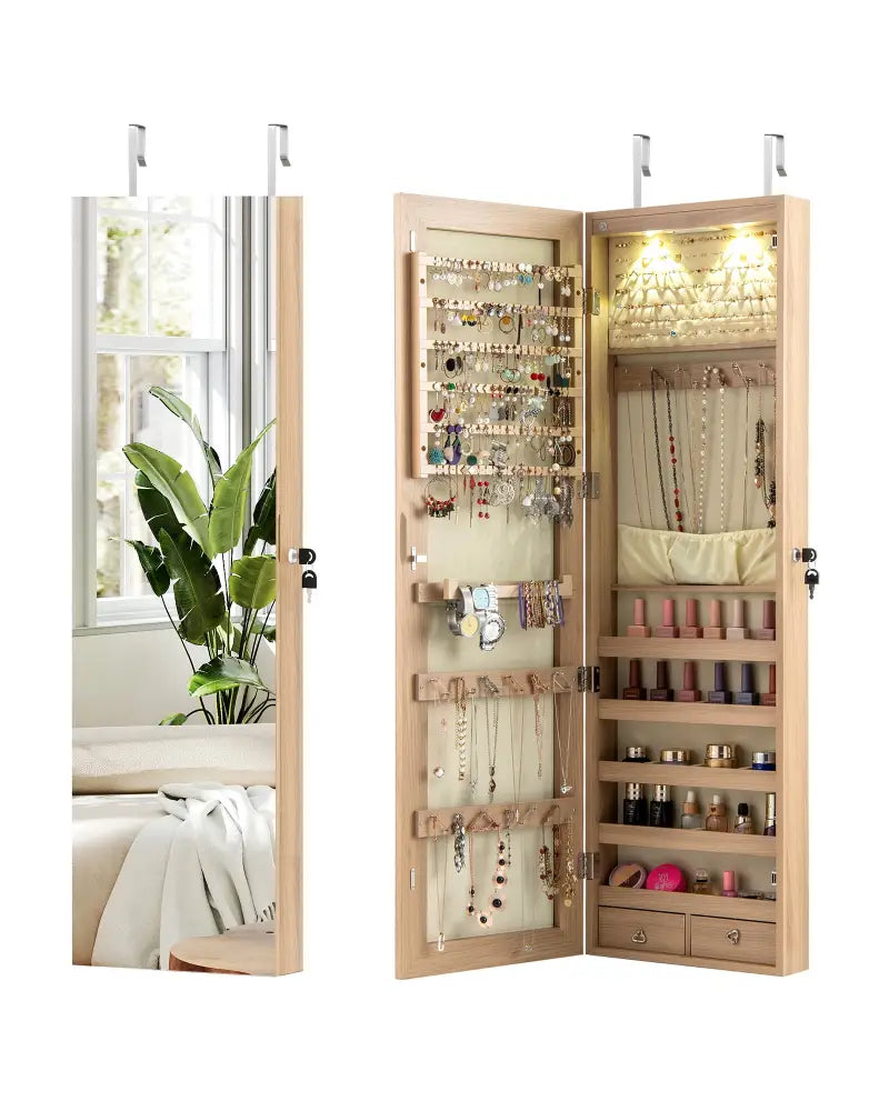 Wall and Door Mounted Mirrored Jewelry Cabinet with Lights-Natural - Natural - Jewelry Armoires