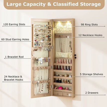 Wall and Door Mounted Mirrored Jewelry Cabinet with Lights-Natural - Natural - Jewelry Armoires