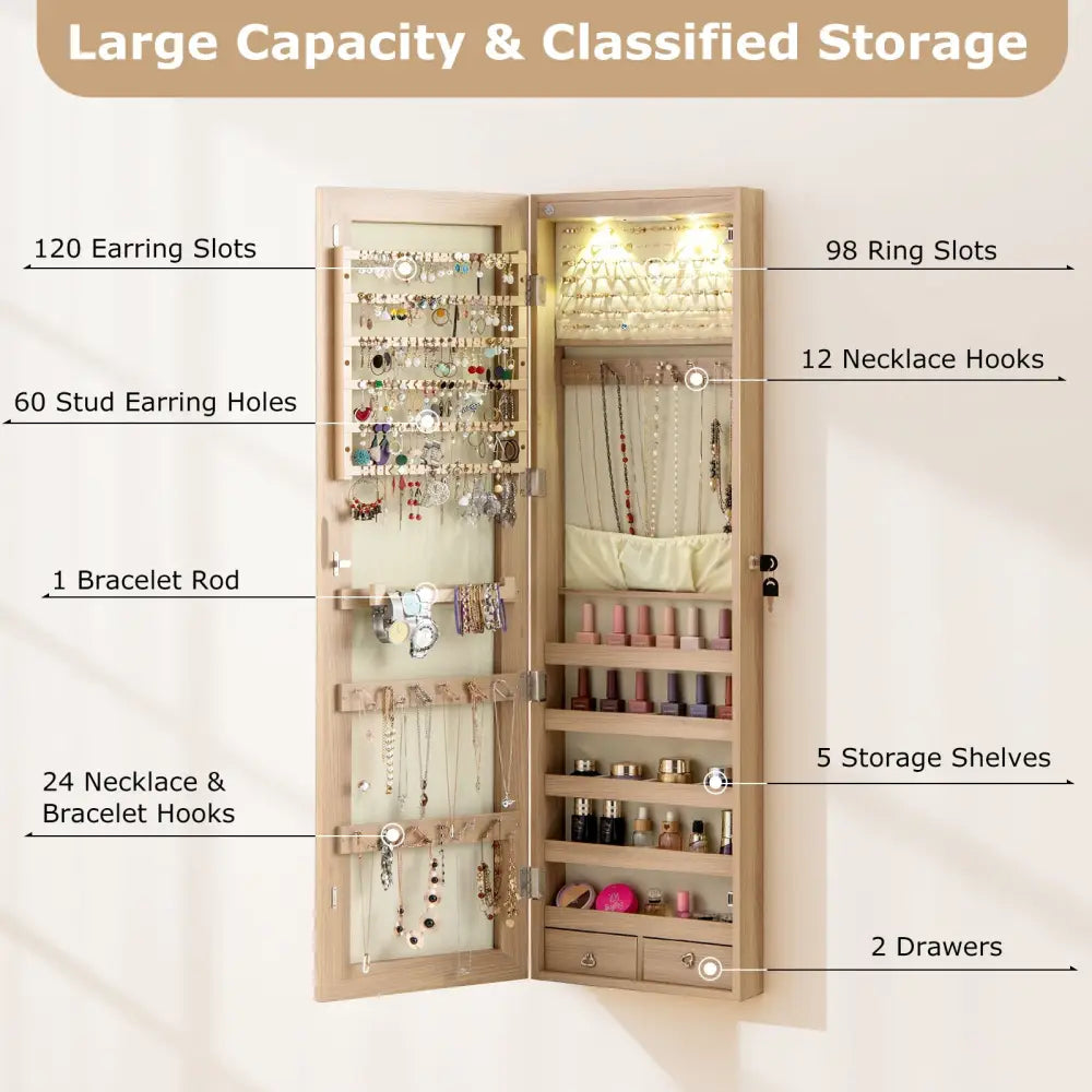 Wall and Door Mounted Mirrored Jewelry Cabinet with Lights-Natural - Natural - Jewelry Armoires