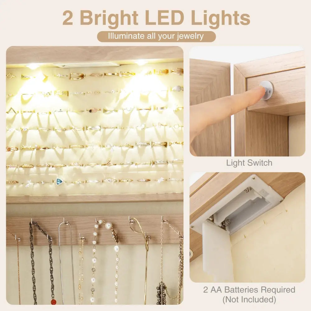 Wall and Door Mounted Mirrored Jewelry Cabinet with Lights-Natural - Natural - Jewelry Armoires
