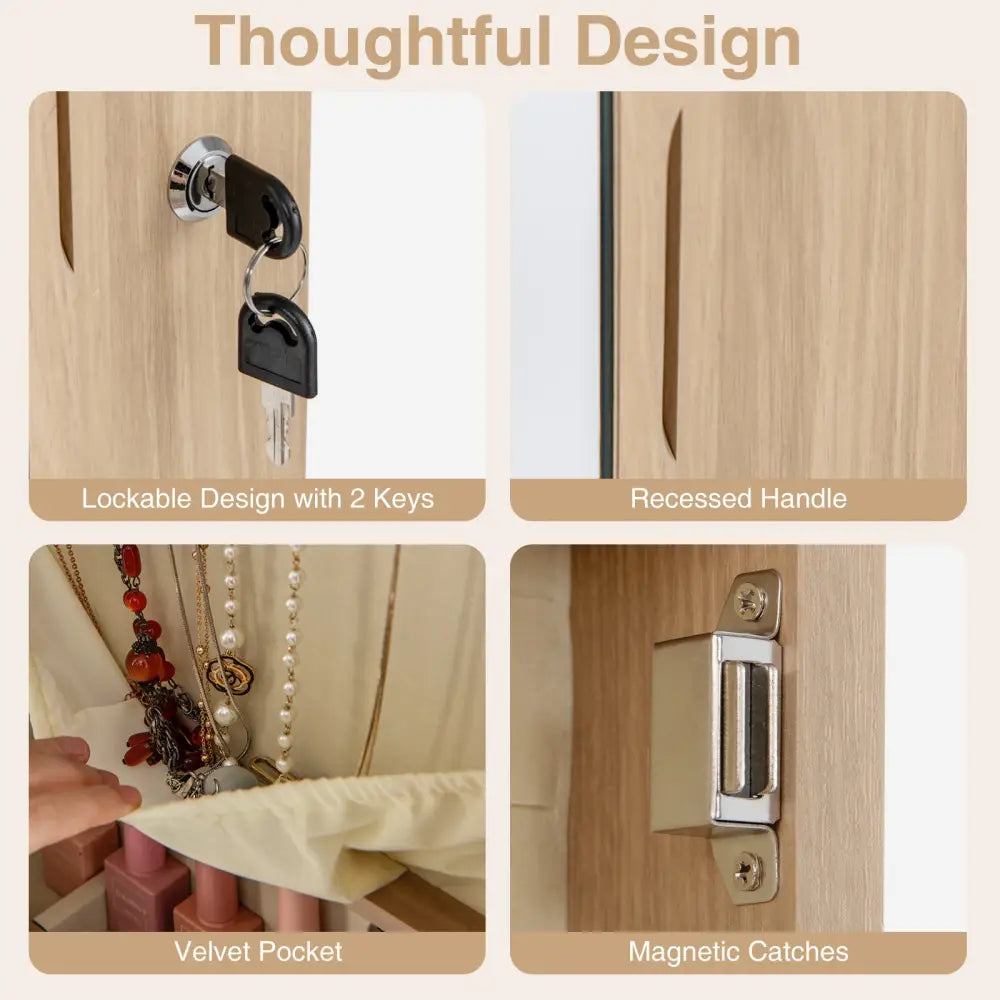Wall and Door Mounted Mirrored Jewelry Cabinet with Lights-Natural - Natural - Jewelry Armoires