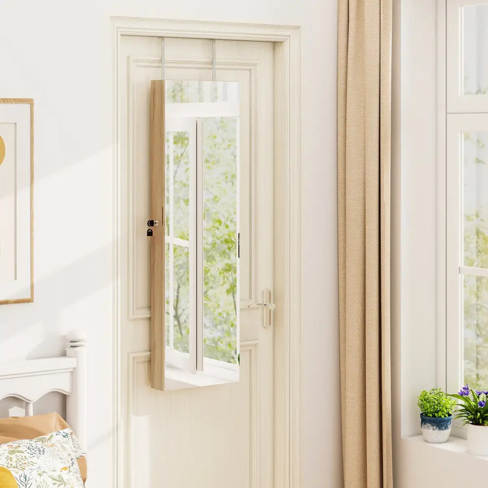 Wall and Door Mounted Mirrored Jewelry Cabinet with Lights-Natural - Natural - Jewelry Armoires