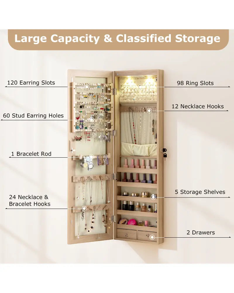 Wall and Door Mounted Mirrored Jewelry Cabinet with Lights-Natural - Natural - Jewelry Armoires