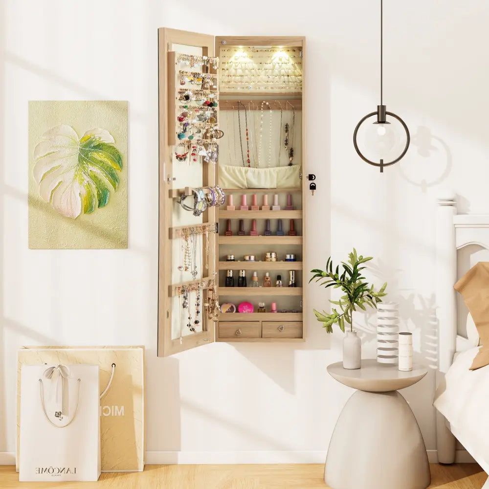 Wall and Door Mounted Mirrored Jewelry Cabinet with Lights-Natural - Natural - Jewelry Armoires