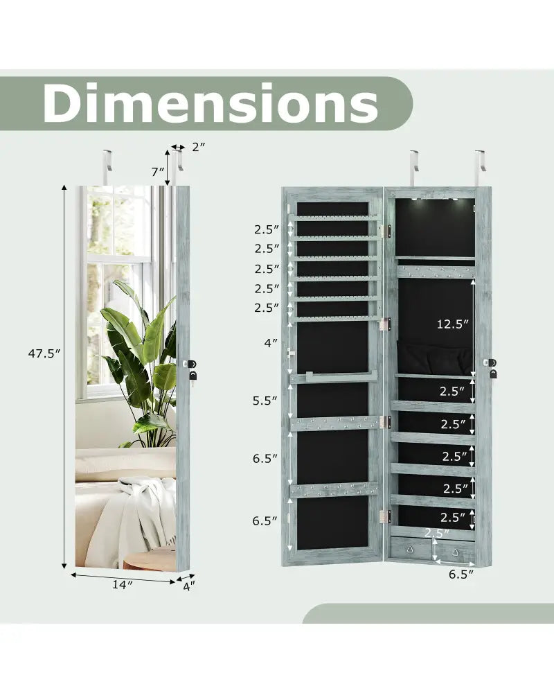 Wall and Door Mounted Mirrored Jewelry Cabinet with Lights-Navy - Navy - Jewelry Armoires