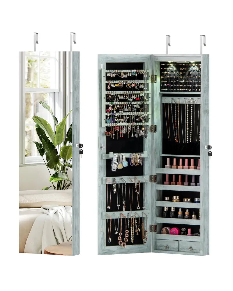 Wall and Door Mounted Mirrored Jewelry Cabinet with Lights-Navy - Navy - Jewelry Armoires