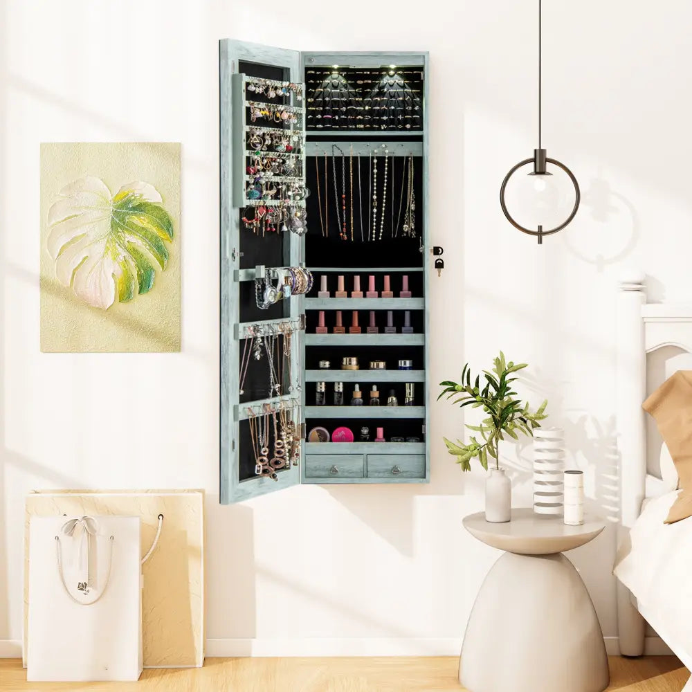 Wall and Door Mounted Mirrored Jewelry Cabinet with Lights-Navy - Navy - Jewelry Armoires