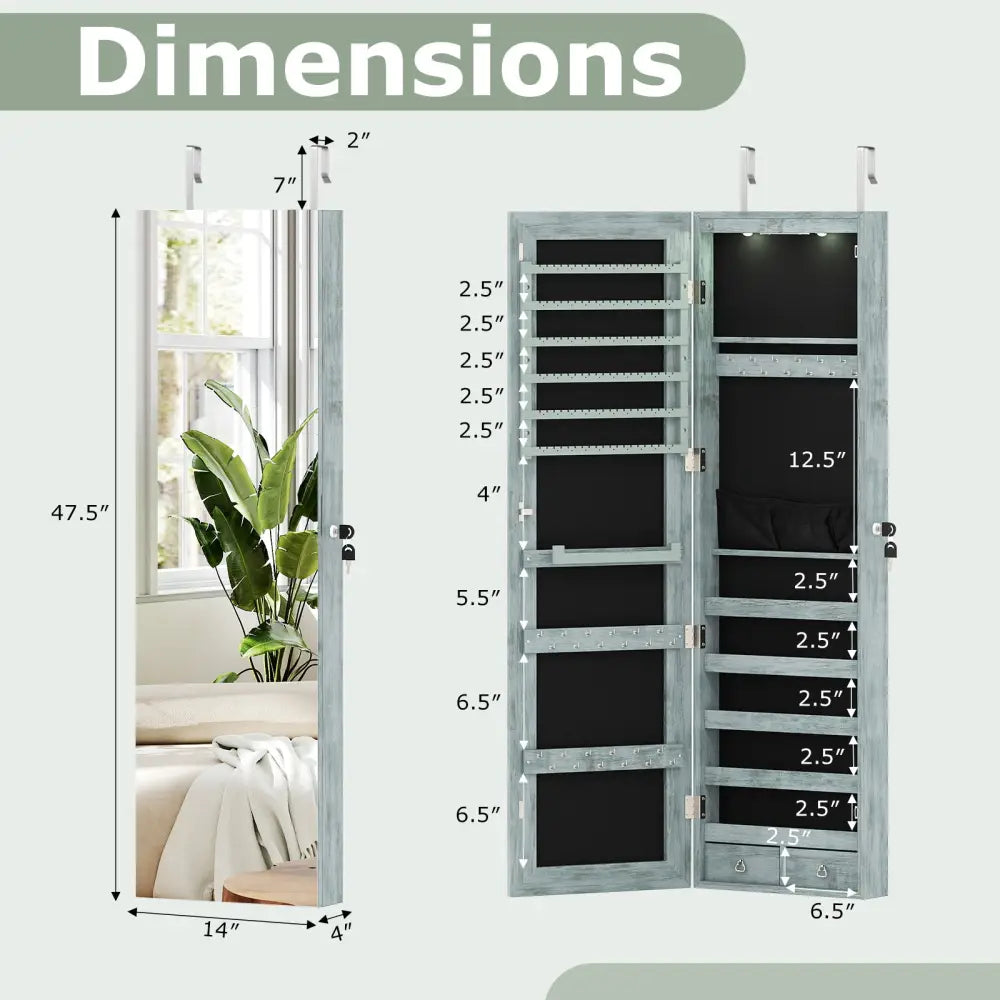 Wall and Door Mounted Mirrored Jewelry Cabinet with Lights-Navy - Navy - Jewelry Armoires