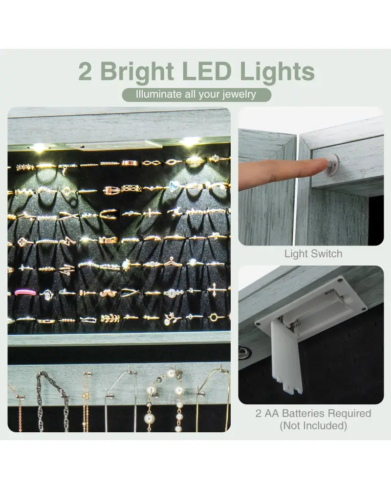 Wall and Door Mounted Mirrored Jewelry Cabinet with Lights-Navy - Navy - Jewelry Armoires