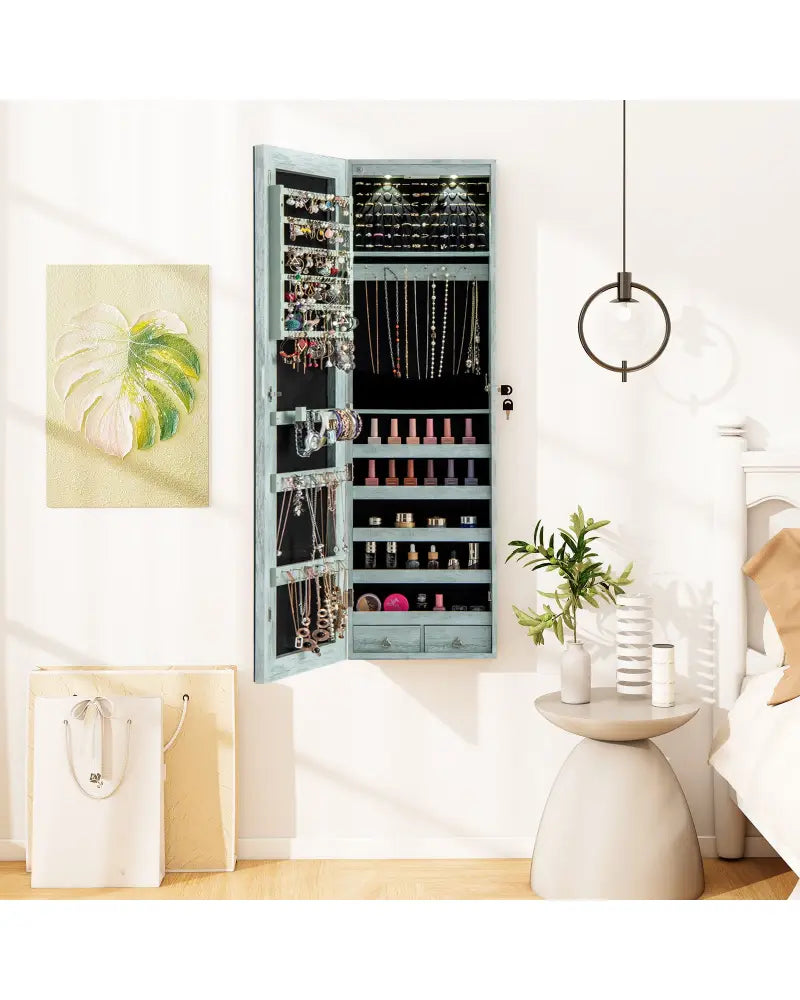 Wall and Door Mounted Mirrored Jewelry Cabinet with Lights-Navy - Navy - Jewelry Armoires