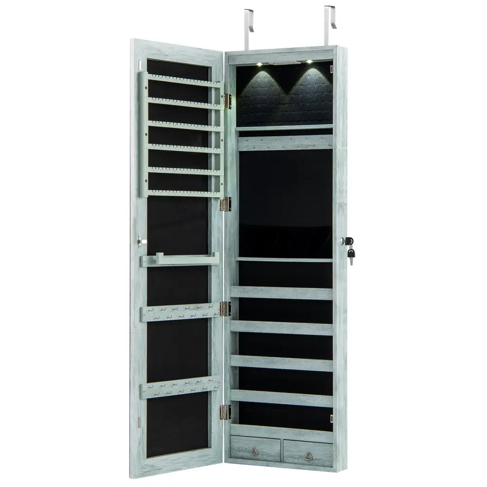Wall and Door Mounted Mirrored Jewelry Cabinet with Lights-Navy - Navy - Jewelry Armoires