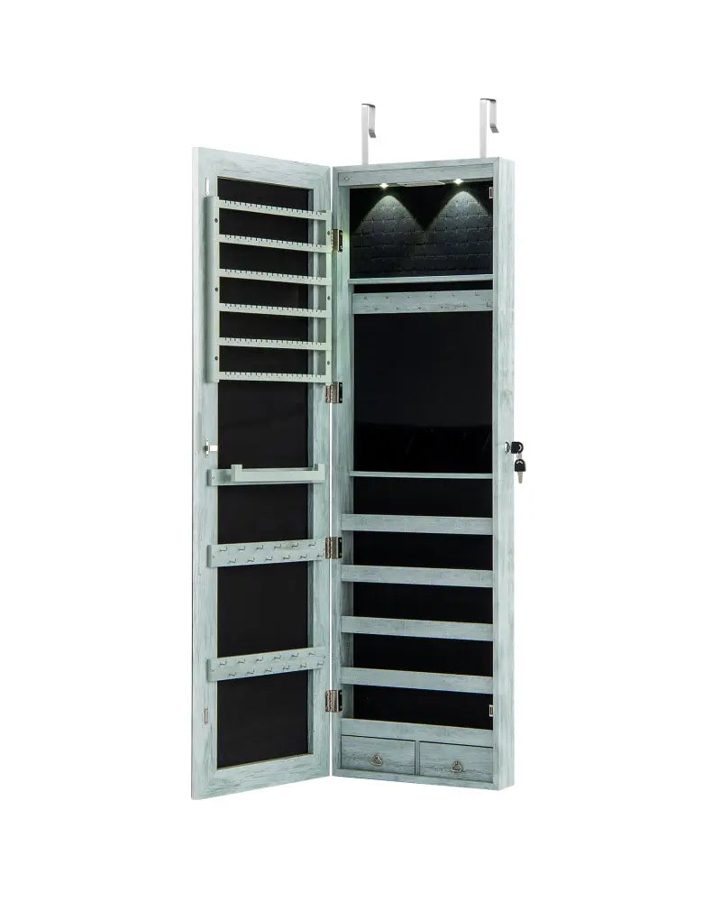 Wall and Door Mounted Mirrored Jewelry Cabinet with Lights-Navy - Navy - Jewelry Armoires