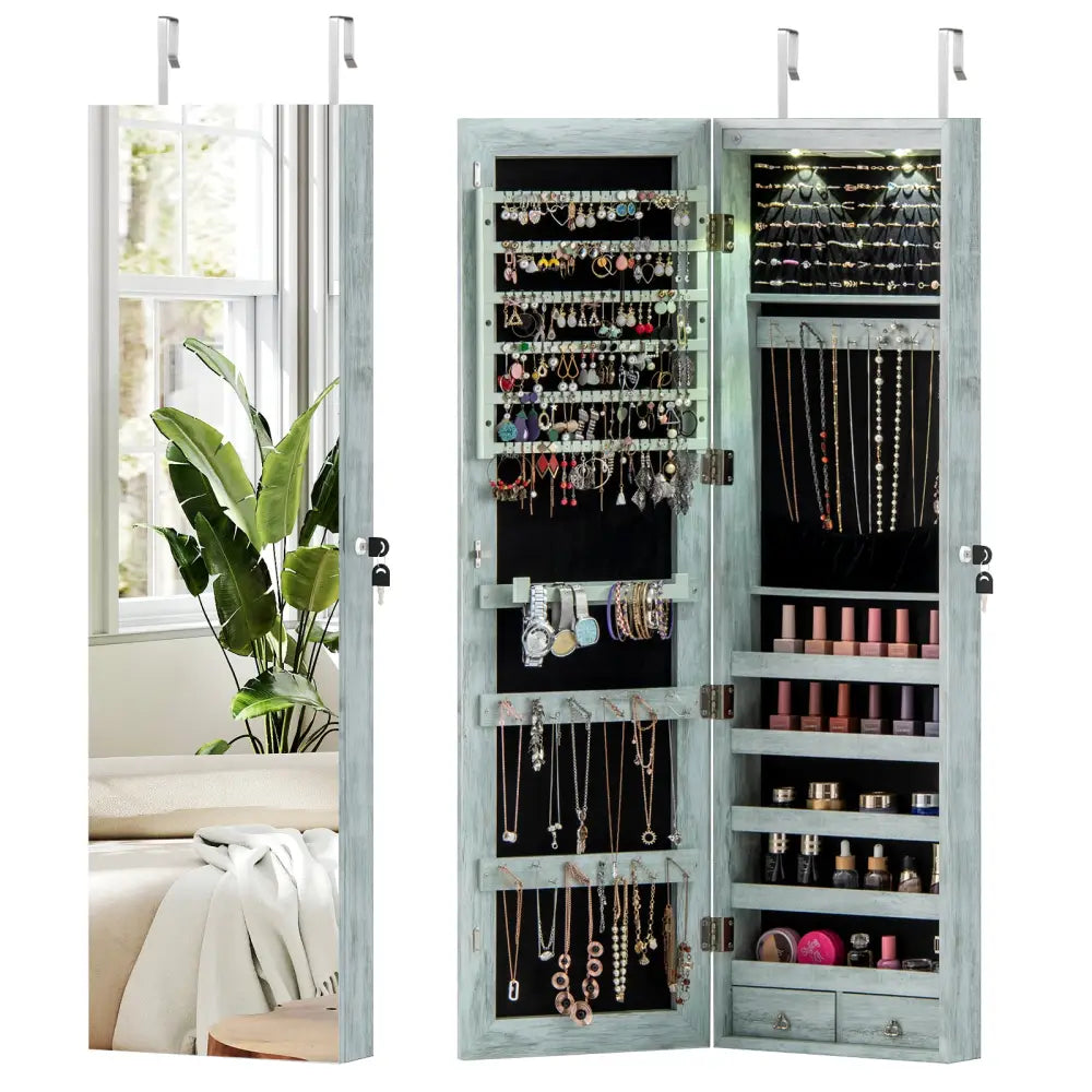 Wall and Door Mounted Mirrored Jewelry Cabinet with Lights-Navy - Navy - Jewelry Armoires
