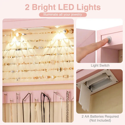 Wall and Door Mounted Mirrored Jewelry Cabinet with Lights-Pink - Pink - Jewelry Armoires