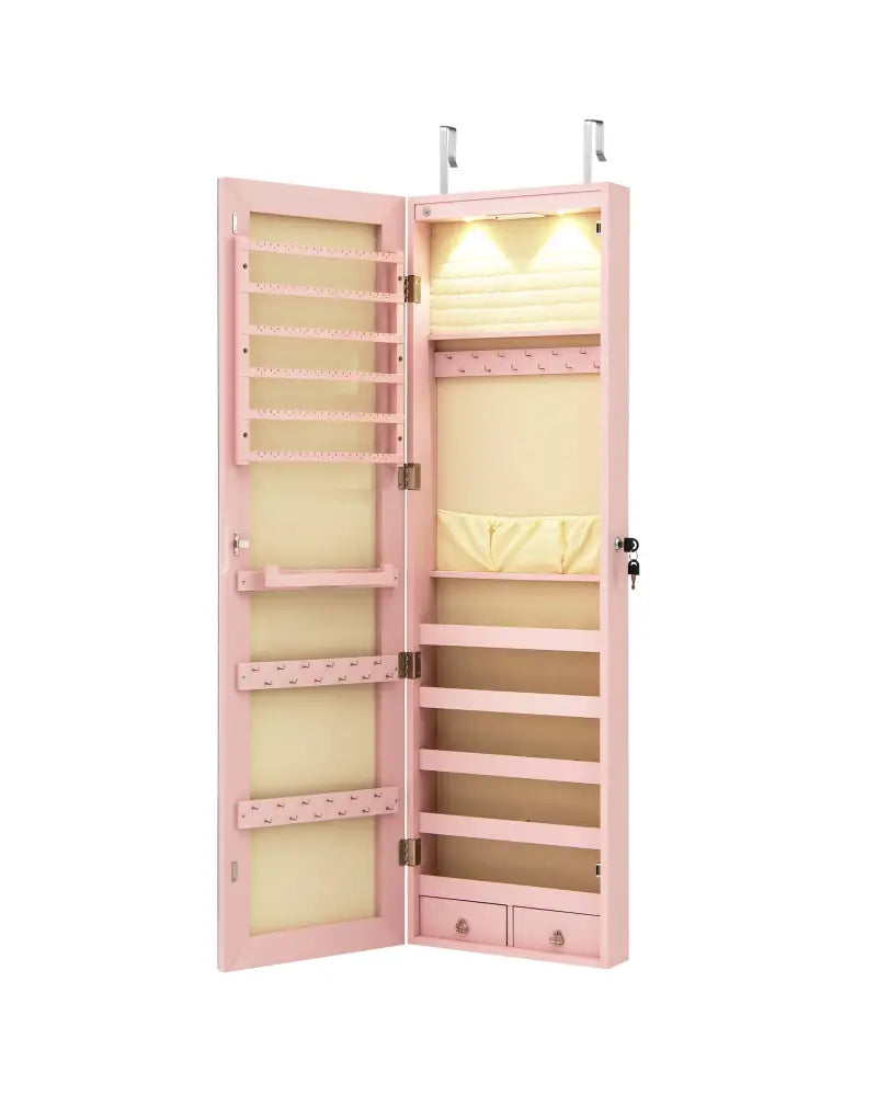 Wall and Door Mounted Mirrored Jewelry Cabinet with Lights-Pink - Pink - Jewelry Armoires