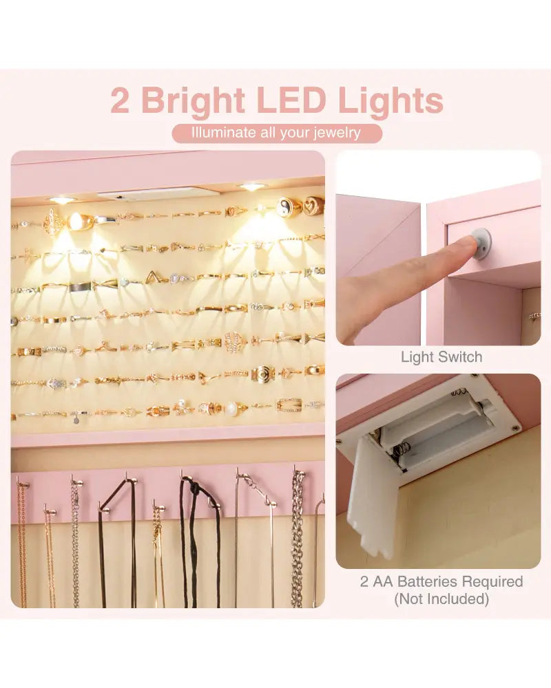 Wall and Door Mounted Mirrored Jewelry Cabinet with Lights-Pink - Pink - Jewelry Armoires