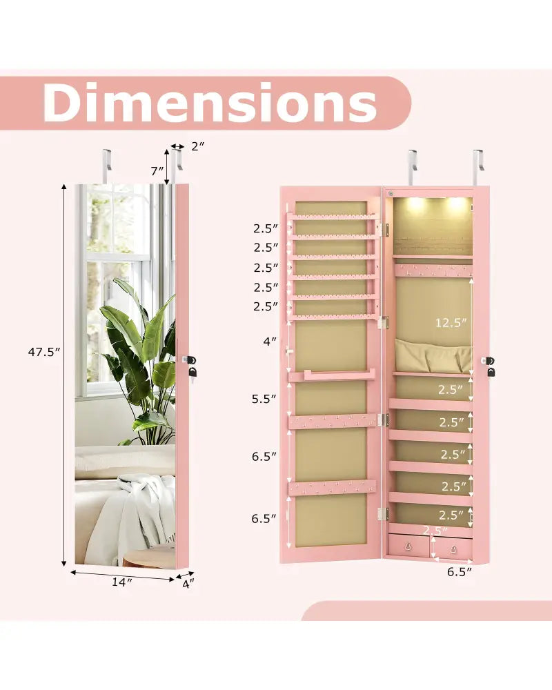 Wall and Door Mounted Mirrored Jewelry Cabinet with Lights-Pink - Pink - Jewelry Armoires