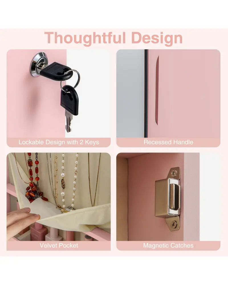 Wall and Door Mounted Mirrored Jewelry Cabinet with Lights-Pink - Pink - Jewelry Armoires