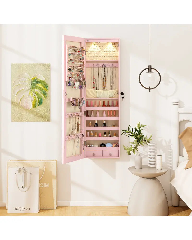 Wall and Door Mounted Mirrored Jewelry Cabinet with Lights-Pink - Pink - Jewelry Armoires