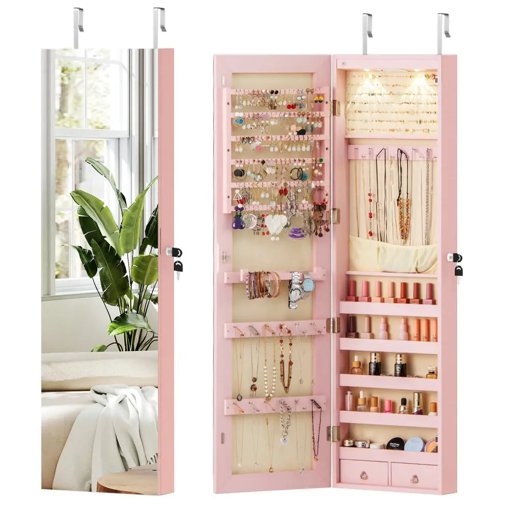 Wall and Door Mounted Mirrored Jewelry Cabinet with Lights-Pink - Pink - Jewelry Armoires