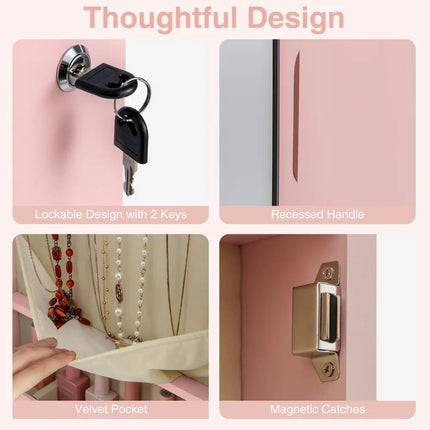 Wall and Door Mounted Mirrored Jewelry Cabinet with Lights-Pink - Pink - Jewelry Armoires
